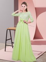 Yellow Green Empire Chiffon Scoop 3 4 Length Sleeve Lace and Belt Floor Length Side Zipper Quinceanera Court Dresses(SKU BMT0379-11BIZ)