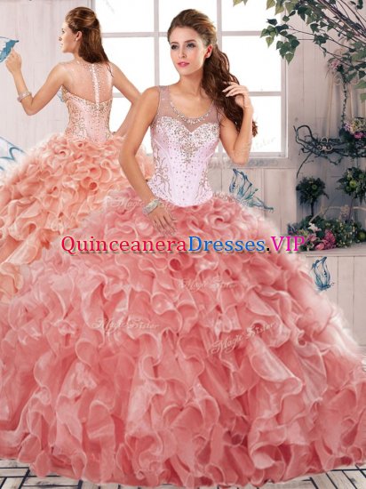 Spectacular Beading and Ruffles Sweet 16 Quinceanera Dress Watermelon Red Clasp Handle Sleeveless Floor Length - Click Image to Close