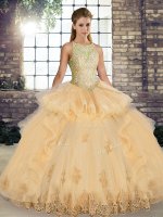 Champagne Tulle Lace Up Quinceanera Dresses Sleeveless Floor Length Lace and Embroidery and Ruffles