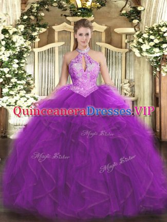 Inexpensive Purple Organza Lace Up Ball Gown Prom Dress Sleeveless Floor Length Ruffles and Sequins