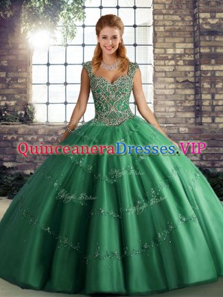 Beading and Appliques 15 Quinceanera Dress Green Lace Up Sleeveless Floor Length