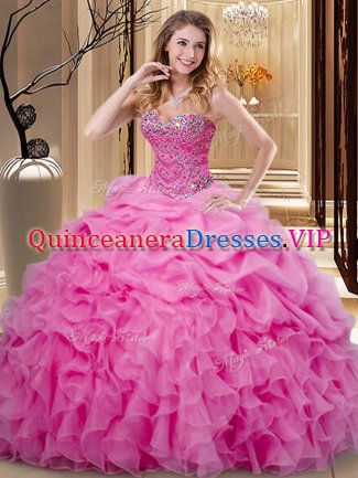 Comfortable Rose Pink Ball Gowns Sweetheart Sleeveless Organza Floor Length Lace Up Beading and Ruffles and Pick Ups Quince Ball Gowns