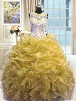 Super Scoop Sleeveless Quince Ball Gowns Floor Length Beading and Ruffles Gold Organza