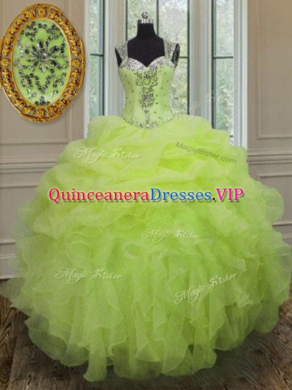 Free and Easy Yellow Green Organza Zipper Straps Sleeveless Floor Length Quinceanera Dress Beading and Ruffles - Click Image to Close