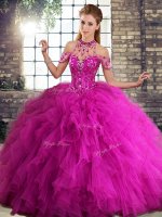 Ball Gowns Quinceanera Gown Fuchsia Halter Top Tulle Sleeveless Floor Length Lace Up