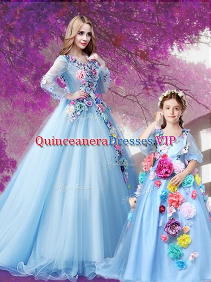 Baby Blue A-line Organza V-neck Long Sleeves Beading and Hand Made Flower With Train Lace Up Quinceanera Gowns Sweep Train - Click Image to Close