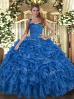 Blue Organza Lace Up Halter Top Sleeveless Floor Length Sweet 16 Dresses Ruffles(SKU SJQDDT1641002-2BIZ)