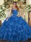 Blue Organza Lace Up Halter Top Sleeveless Floor Length Sweet 16 Dresses Ruffles