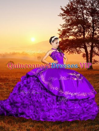 Lace Up Vestidos de Quinceanera Lavender for Military Ball and Sweet 16 and Quinceanera with Embroidery Brush Train