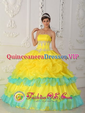 Pittsfield Massachusetts/MA Luxurious Yellow Strapless Ruched Bodice Quinceanera Dress With Beaded and Ruffled Decorate