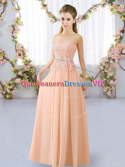 Peach Sleeveless Lace and Belt Floor Length Quinceanera Court Dresses - Click Image to Close