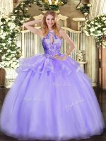 Lavender Ball Gowns Organza Halter Top Sleeveless Beading Floor Length Lace Up 15th Birthday Dress(SKU SJQDDT1262002-2BIZ)