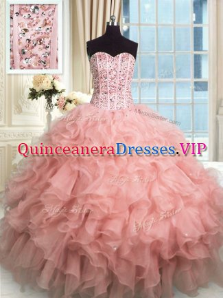 Rose Pink Sleeveless Floor Length Beading and Ruffles Lace Up 15th Birthday Dress