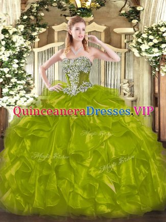 Olive Green Ball Gowns Beading and Ruffles 15 Quinceanera Dress Lace Up Organza Sleeveless Floor Length