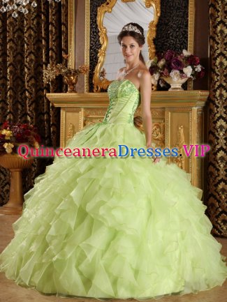 McCall Idaho/ID Yellow Green Organza Ruffle Layers Quinceanera Dress With Applique decorate Strapless Bodice