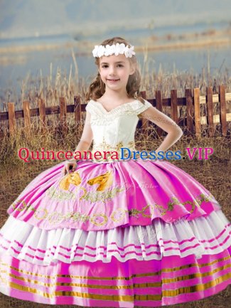 Amazing Lilac Ball Gowns Satin Off The Shoulder Sleeveless Embroidery Floor Length Lace Up Little Girl Pageant Gowns