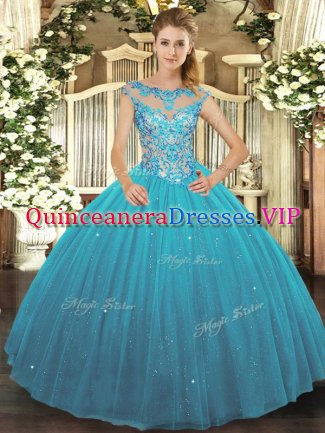 Elegant Teal Tulle Lace Up Scoop Sleeveless Floor Length Quinceanera Dresses Beading