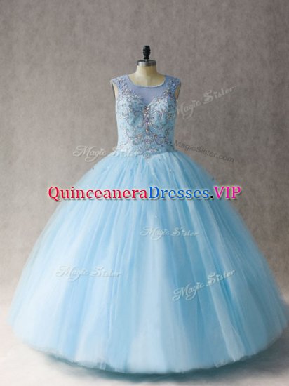 Fantastic Beading 15th Birthday Dress Light Blue Lace Up Sleeveless Floor Length - Click Image to Close