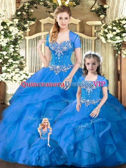 Custom Made Blue Tulle Lace Up Quinceanera Dresses Sleeveless Floor Length Beading and Ruffles - Click Image to Close