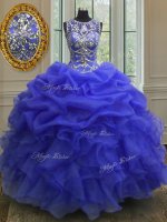 Ball Gowns 15 Quinceanera Dress Royal Blue Scoop Organza Sleeveless Floor Length Lace Up