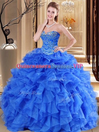 Beautiful Royal Blue Sweetheart Neckline Beading and Ruffles Quinceanera Dress Sleeveless Lace Up - Click Image to Close