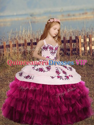 Perfect Floor Length Fuchsia Little Girls Pageant Dress Wholesale Organza Sleeveless Embroidery and Ruffles