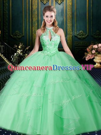 On Sale Apple Green Ball Gowns Halter Top Sleeveless Tulle Floor Length Lace Up Beading and Lace and Ruffles and Ruching Quinceanera Dresses