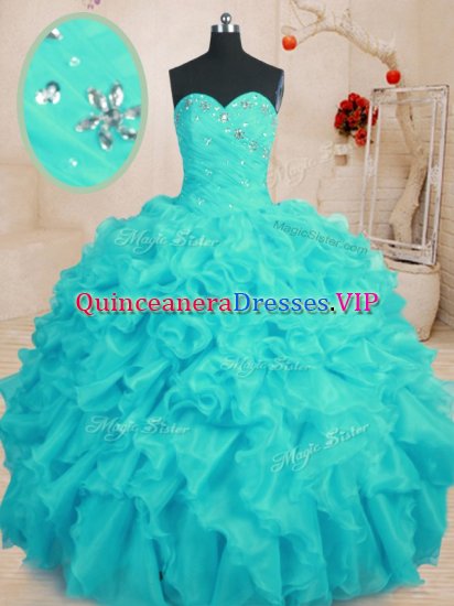 Floor Length Aqua Blue Ball Gown Prom Dress Organza Sleeveless Beading and Ruffles - Click Image to Close