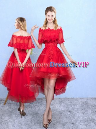 Colorful Wine Red Lace Up Quinceanera Dama Dress Appliques Half Sleeves High Low