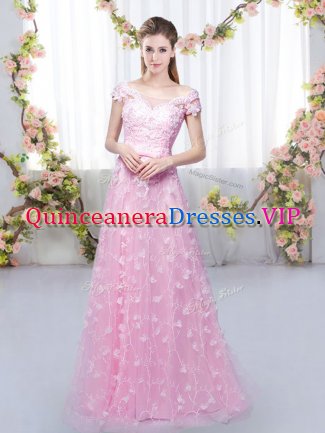 Cute Rose Pink Empire Tulle Off The Shoulder Cap Sleeves Appliques Floor Length Lace Up Dama Dress