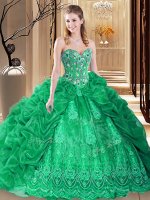 Flare Green Organza Lace Up 15 Quinceanera Dress Sleeveless Court Train Embroidery and Pick Ups