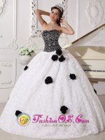 Kristianstad Sweden Sequins and Hand Made Flowers Decorate Bodice Remarkable White and Black Quinceanera Dress Strapless Special Fabric Gorgeous Ball Gown