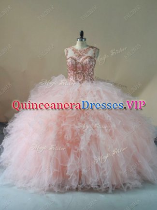 Cheap Brush Train Ball Gowns Ball Gown Prom Dress Pink Scoop Tulle Sleeveless Lace Up