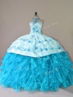 Aqua Blue Lace Up Halter Top Embroidery and Ruffles Sweet 16 Dresses Organza Sleeveless Court Train(SKU PSSW1157-2BIZ)