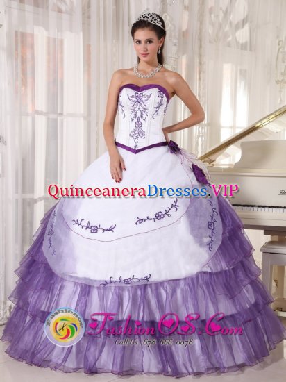 White and Purple Sweetheart Satin and Organza Embroidery floral decorate Cheap Ball Gown Quinceanera Dress For Bochum - Click Image to Close