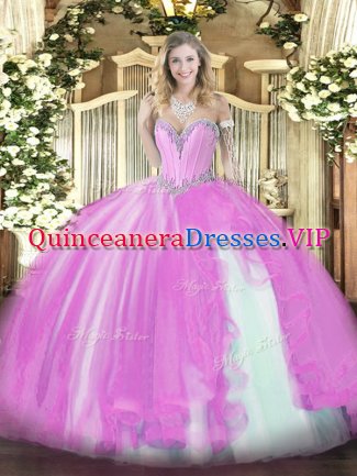 Sleeveless Tulle Floor Length Lace Up Sweet 16 Dress in Lilac with Beading and Ruffles