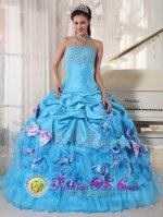 Guarne colombia Appliques Decorate Bust Strapless Romantic Aqua Quinceanera Dress With Pick-ups and Bowknot Ball Gown