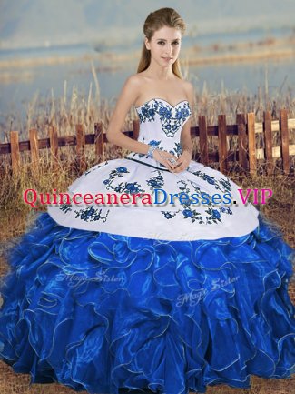 Blue And White Organza Lace Up Vestidos de Quinceanera Sleeveless Floor Length Embroidery and Ruffles and Bowknot