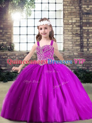 Attractive Fuchsia Little Girls Pageant Dress Party and Military Ball and Wedding Party with Beading Straps Sleeveless Lace Up