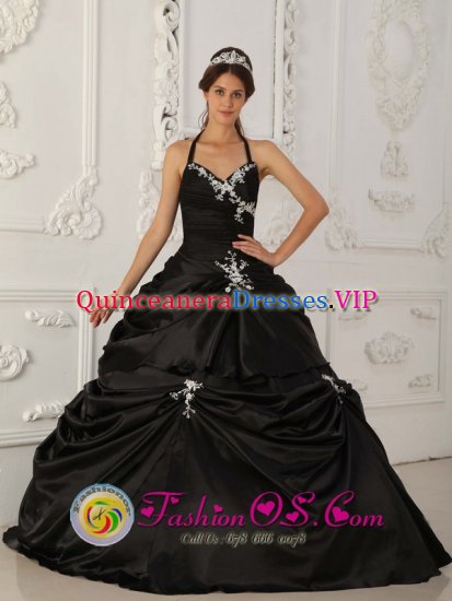 New Castle Delaware/ DE Black Princess Appliques Ruched Bodice Quinceanera Dress With Halter Neckline Taffeta - Click Image to Close