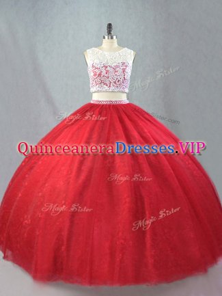 Beading and Appliques 15 Quinceanera Dress Red Zipper Sleeveless Floor Length