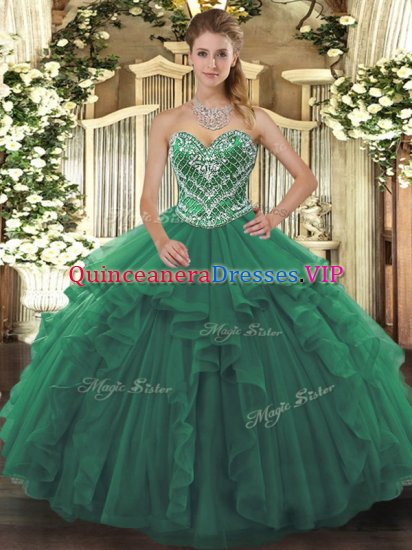 Green Lace Up Sweetheart Beading and Ruffles Vestidos de Quinceanera Tulle Sleeveless - Click Image to Close