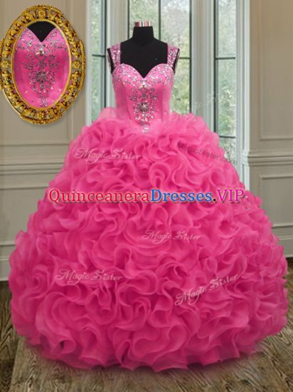 Super Hot Pink Ball Gowns Straps Sleeveless Organza Floor Length Zipper Beading and Ruffles Sweet 16 Dress - Click Image to Close