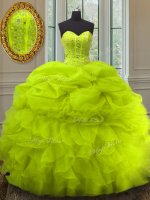 Pick Ups Ball Gowns Quince Ball Gowns Yellow Green Sweetheart Organza Sleeveless Floor Length Lace Up