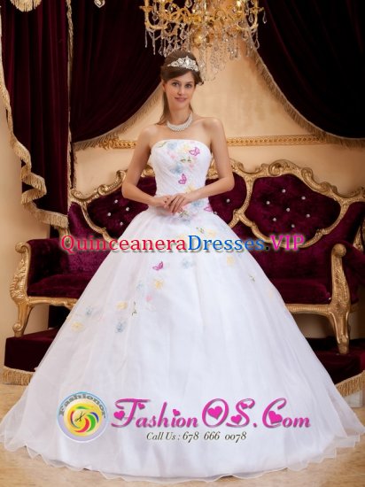 Sale Cheshire White Colorful Appliques For Quinceanera Dress With Organza Strapless In South Carolina - Click Image to Close