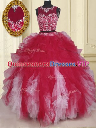 Designer White And Red Two Pieces Tulle Scoop Sleeveless Beading and Ruffles Floor Length Zipper 15 Quinceanera Dress