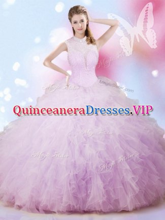 Affordable Lavender Sleeveless Floor Length Beading and Ruffles Lace Up 15th Birthday Dress