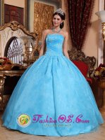 Ards Down Cute Appliques Decorate Bodice Beaded Aqua Blue Quinceanera Dress Strapless Organza Ball Gown