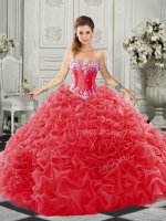 Super Sweetheart Sleeveless Vestidos de Quinceanera Court Train Beading and Ruffles Red Organza