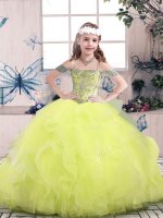 Simple Sleeveless Lace Up Floor Length Beading and Ruffles Glitz Pageant Dress